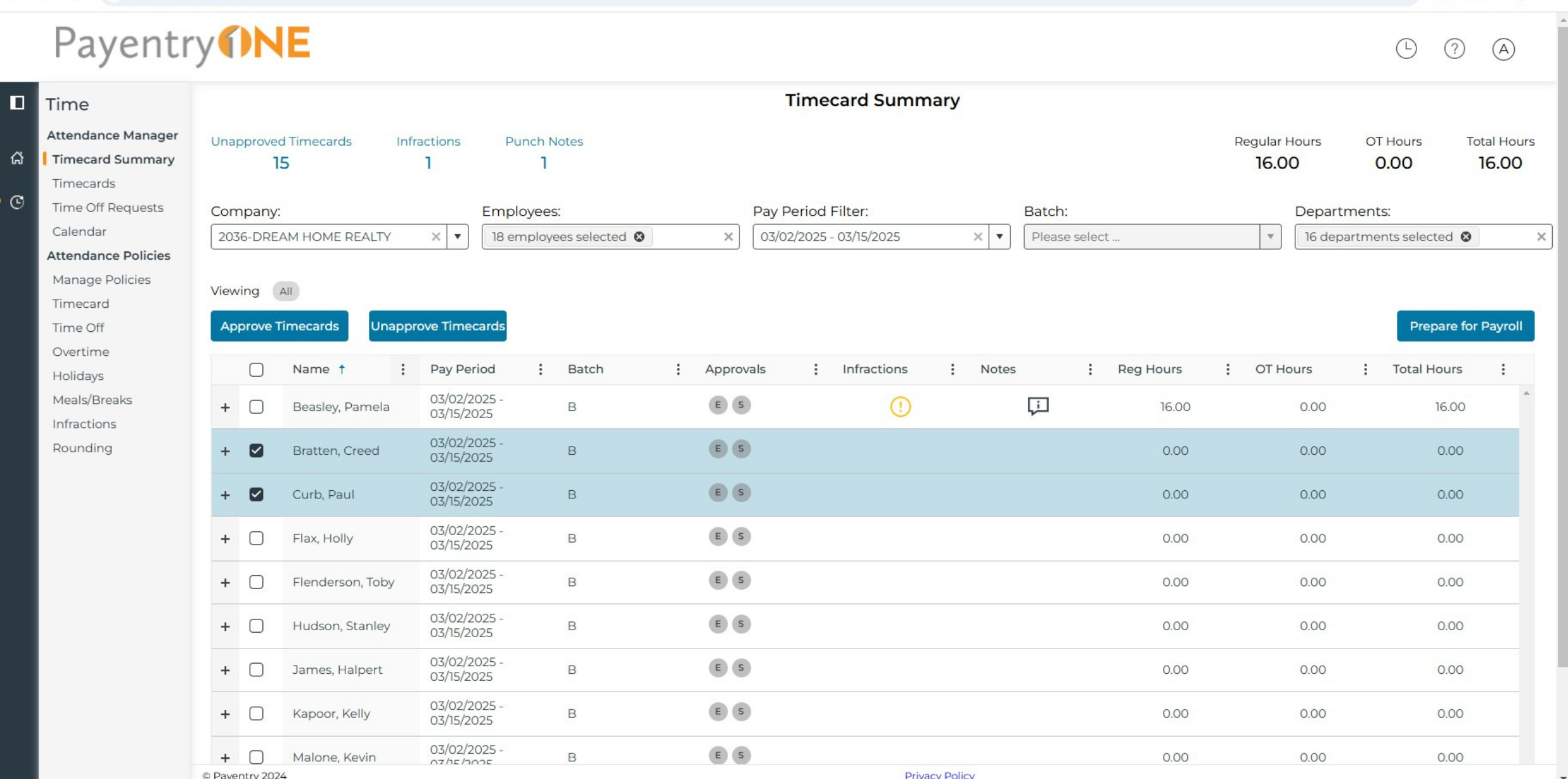 PayentryONE Time summary screen