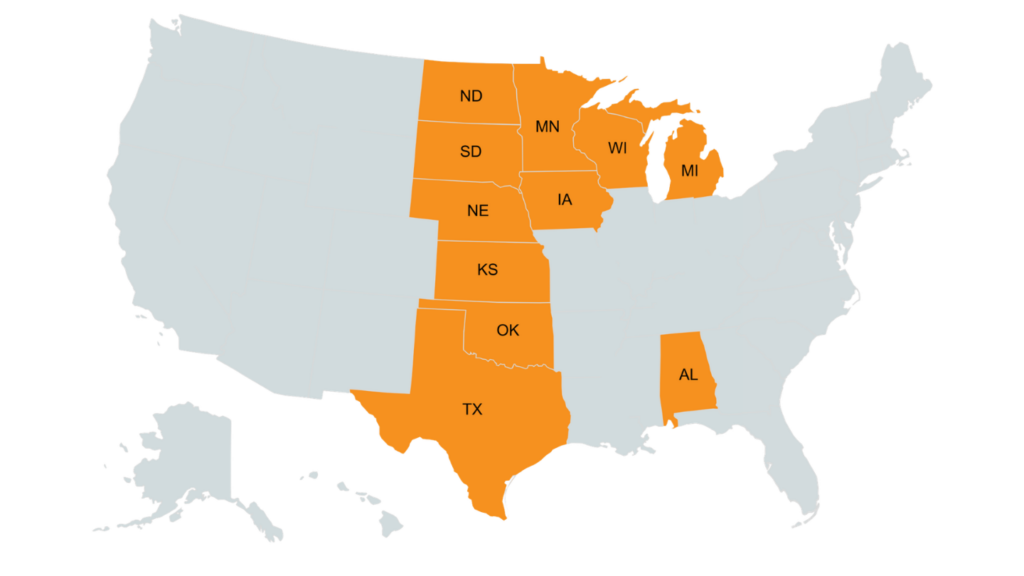Midwest States Service Area Map